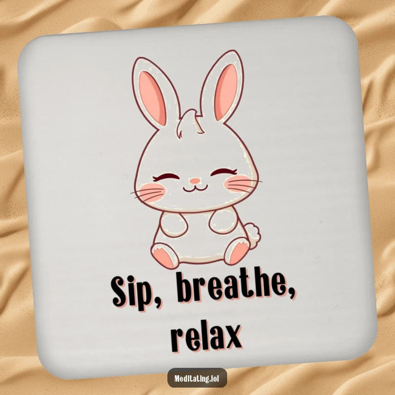 Funny drink coaster featuring a cheerful rabbit breathing deeply with a serene expression, adding peaceful charm to tables.