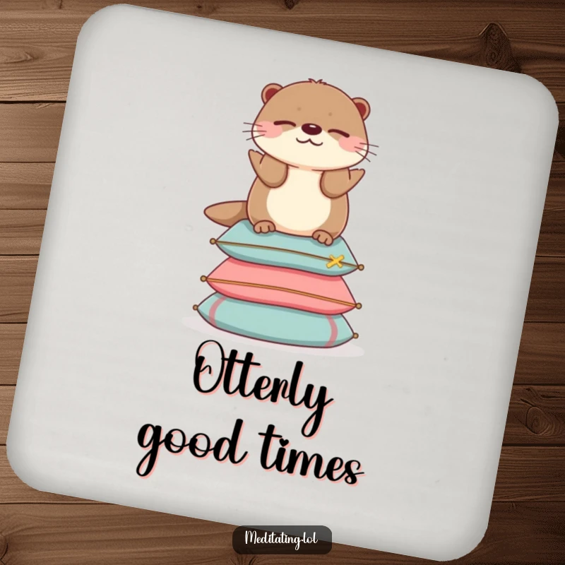 Funny otter coasters depicting an otter balancing on cushions, offering serene and cute table protection.