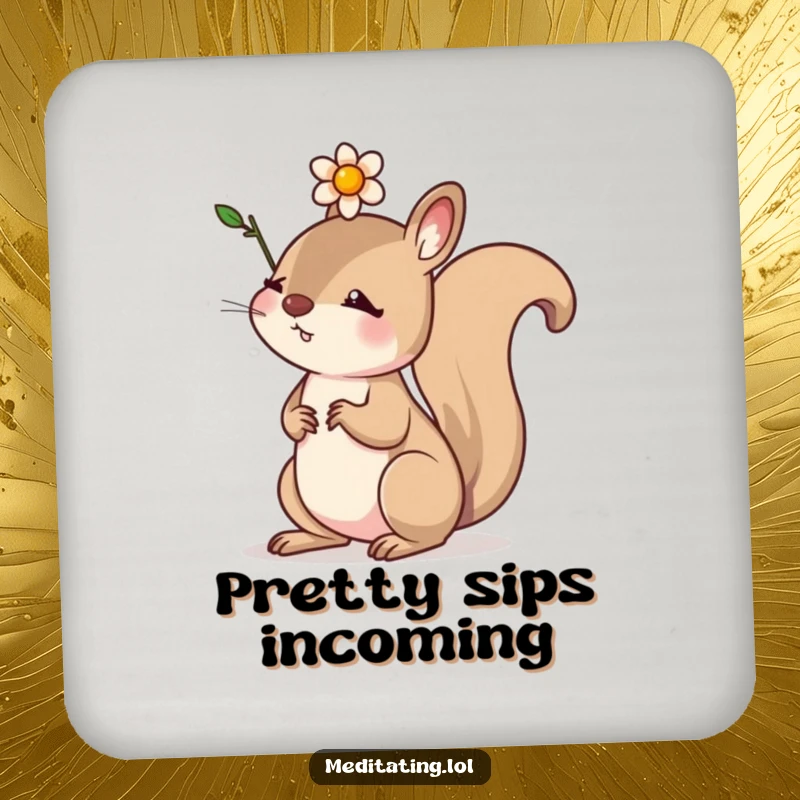 Funny drink coaster featuring a determined squirrel balancing a small flower on its head, adding focus and charm.