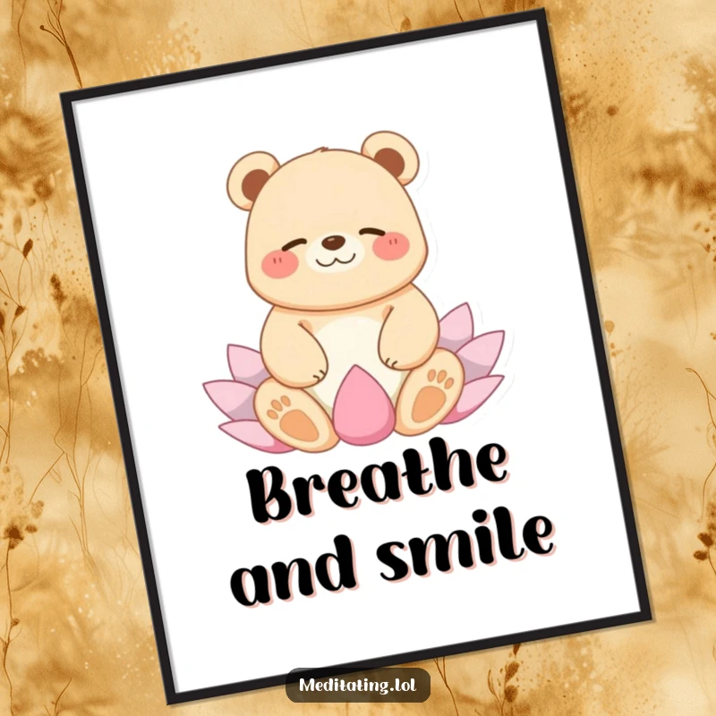 Funny poster of a joyful bear giggling while floating in a lotus yoga position, radiating peaceful and humorous vibes.