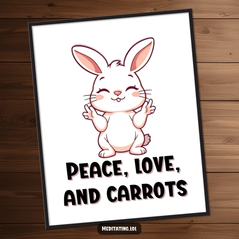 Funny bunny poster featuring a playful bunny holding its paws in a peaceful mudra, radiating gentle, humorous calm on walls.
