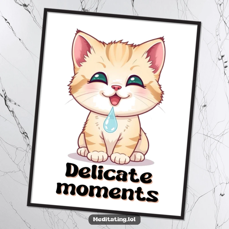 Funny kitten poster, a smiling cat gently touches its nose to a dewdrop, creating enchanting wall decor. Captures delicate beauty.