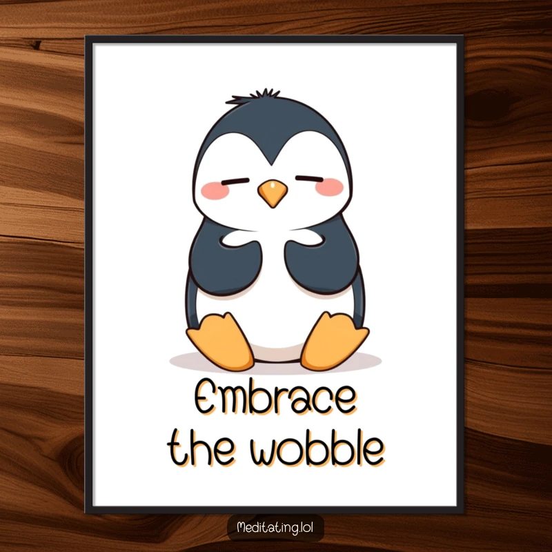 Funny penguin meditation poster featuring a silly penguin in a wobbly pose, perfect for adding humorous and charming wall art.