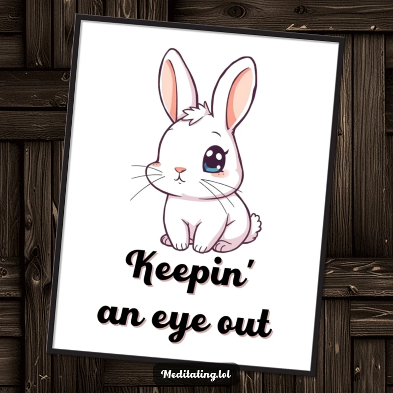 Funny rabbit meditation poster featuring a curious rabbit with one eye open, perfect for adding humorous and intriguing wall art.