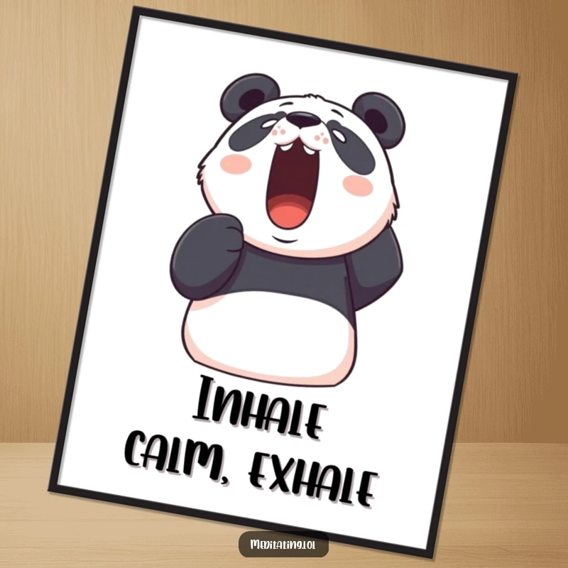 Funny panda poster featuring a determined panda taking a deep, visible breath upwards, a humorous visual cue for stress relief.