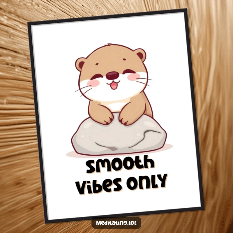 Funny Poster displaying a happy otter resting its head on a smooth stone, evoking feelings of peace and contentment.