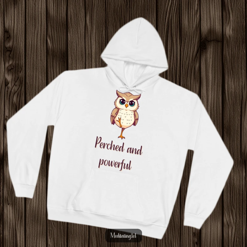 Funny Hoodie: A determined owl stands with impeccable balance on one leg, radiating calm focus.