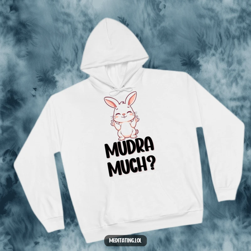 Funny bunny hoodie depicting a playful bunny peacefully holding its paws in a mudra, offering cozy serenity.