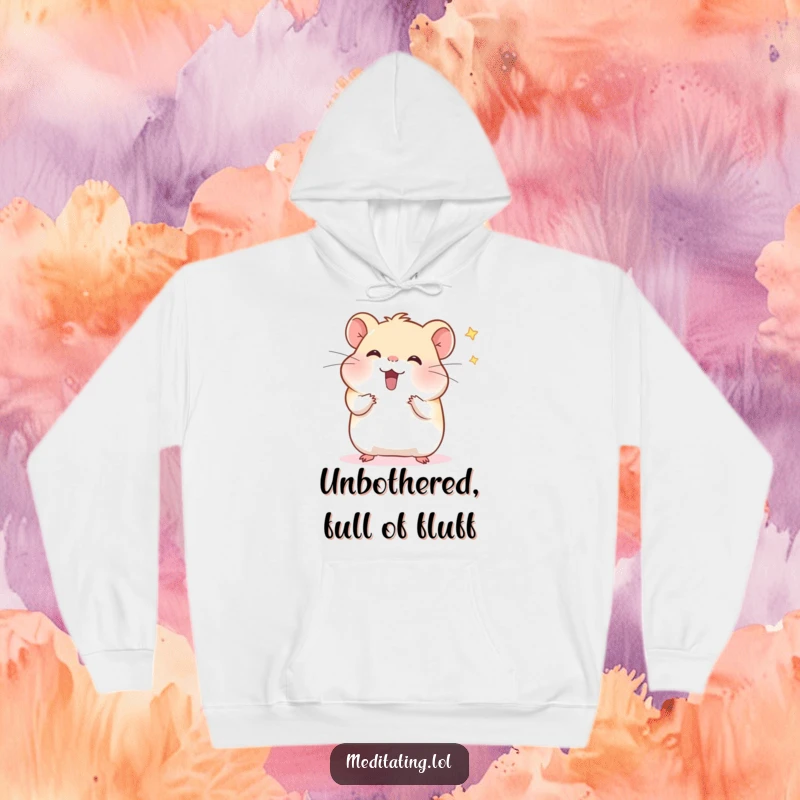 Funny hamster hoodie featuring a cheerful hamster meditating and wafting distractions, providing warmth and a humorous, calming presence.