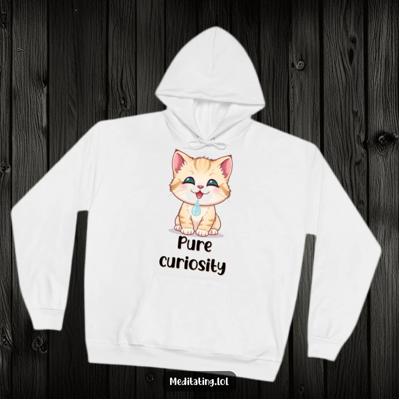 Funny kitten hoodie, a smiling cat gently touches its nose to a dewdrop, emphasizing warmth and cuteness. A cozy, adorable apparel.