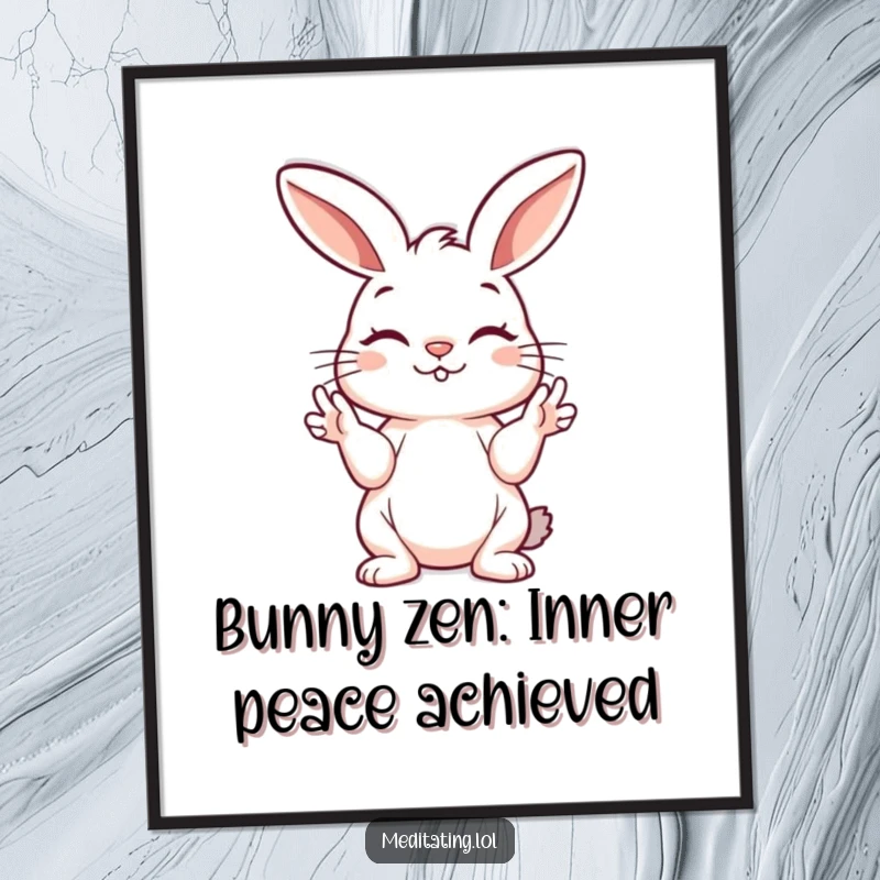 Funny free printable wall art of a playful bunny peacefully holding its hands in a mudra, radiating gentle energy.