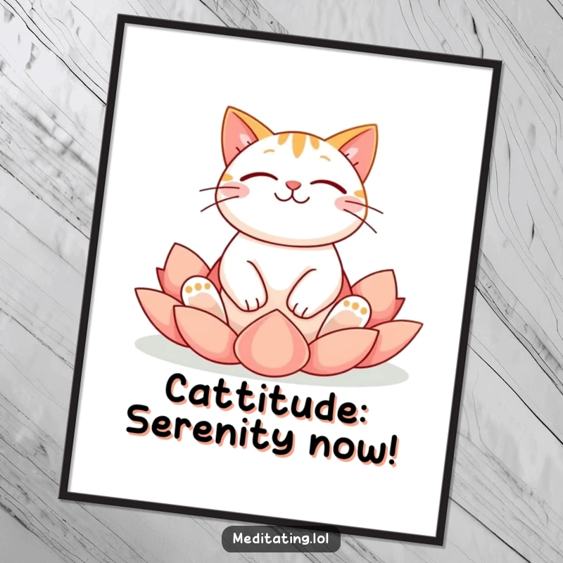 Funny free printable wall art of a cheerful cat floating serenely in a lotus position, promoting peaceful vibes.