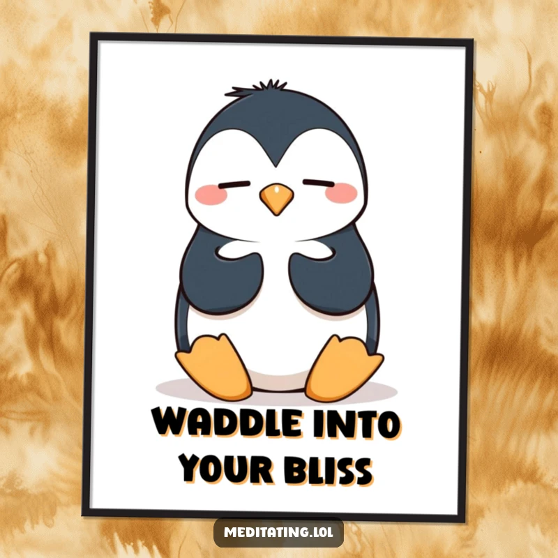 Funny Free Printable Wall Art: A silly penguin wobbling in meditation, adding humorous and quirky decor to any room.