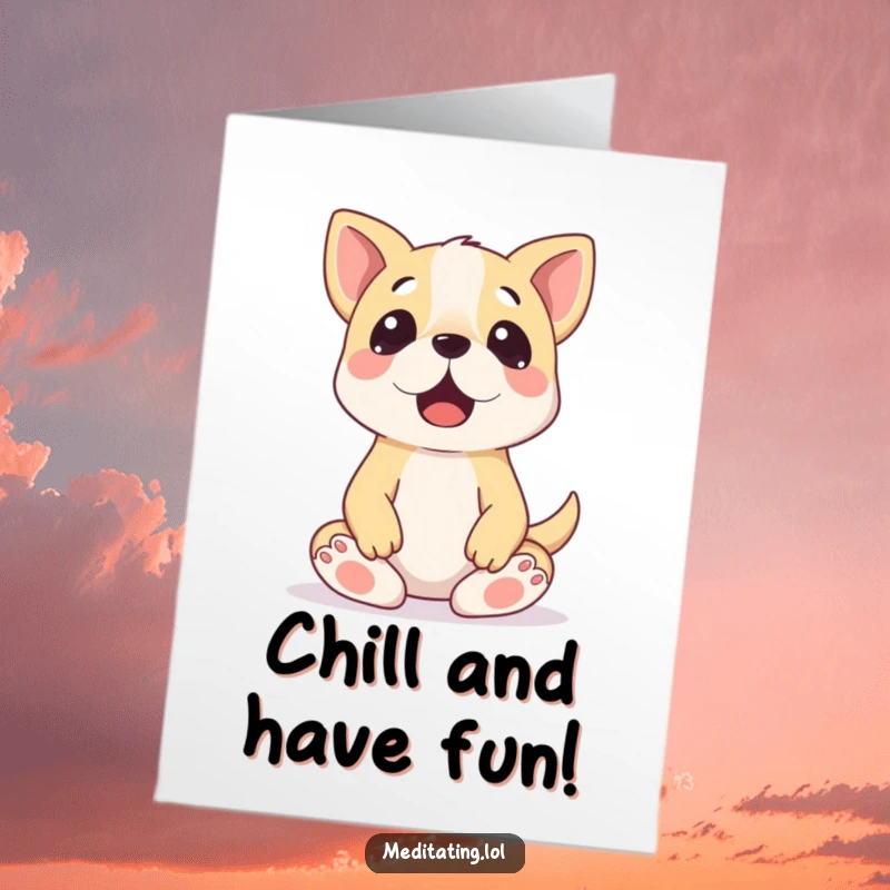 Funny Free Printable Birthday Card: A surprised dog in a wobbly, unsteady meditation pose, bringing hilarious chaos to birthday wishes.