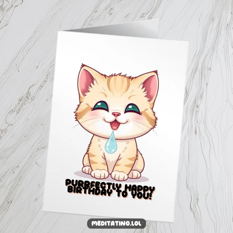 Funny Free Printable Birthday Card: A smiling kitten curiously touches its nose to a glistening dewdrop, wishing happy birthday.