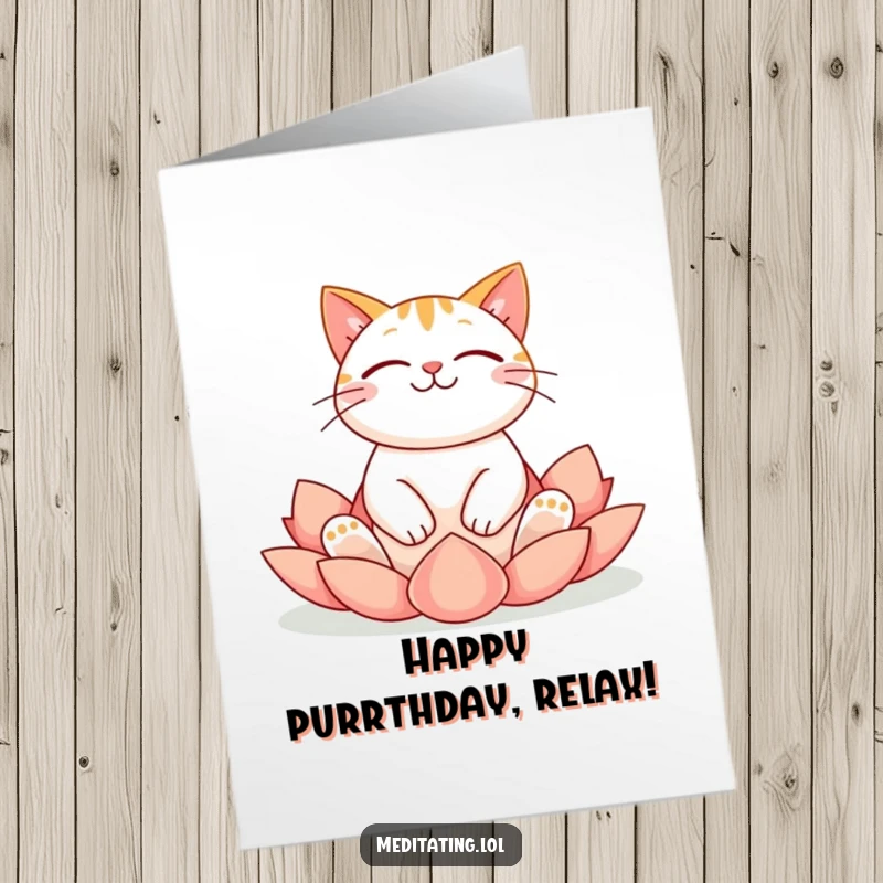 Funny free printable birthday card of a cheerful cat floating serenely in a lotus position, radiating birthday bliss.