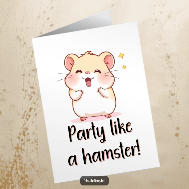 Funny Free Printable Birthday Card: A cheerful hamster meditating, humorously fanning away imaginary distractions with a smile.
