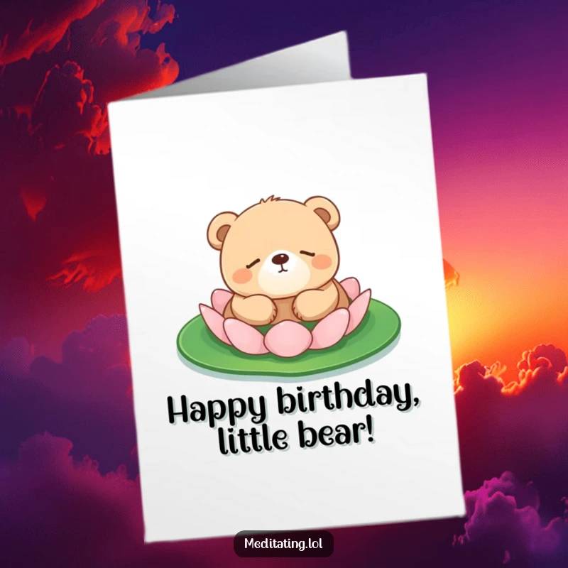 Funny Free Printable Birthday Card: A small, round bear cub sleeps peacefully while floating on a lily pad, wishing happy birthday.