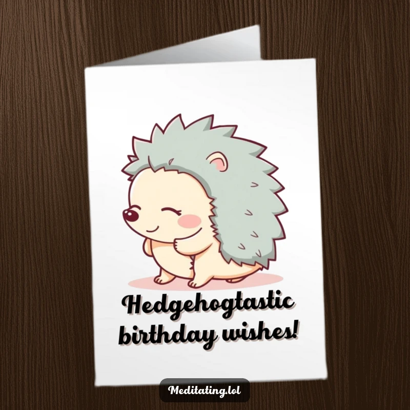 Funny Free Printable Birthday Card: Giggling hedgehog swaying with eyes closed, radiating pure, infectious joy. A delightful downloadable.