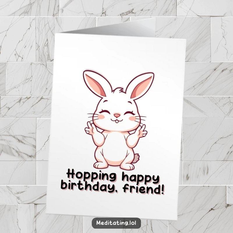Funny free printable birthday card of a playful bunny peacefully holding its hands in a mudra, sending good vibes.