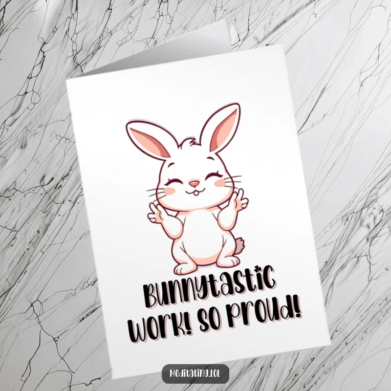 Funny free printable congratulations card of a playful bunny peacefully holding its hands in a mudra, celebrating their win.
