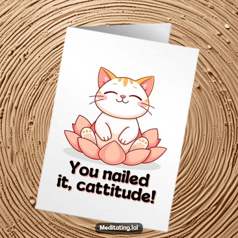 Funny free printable congratulations card of a cheerful cat floating serenely in a lotus position, celebrating their success.