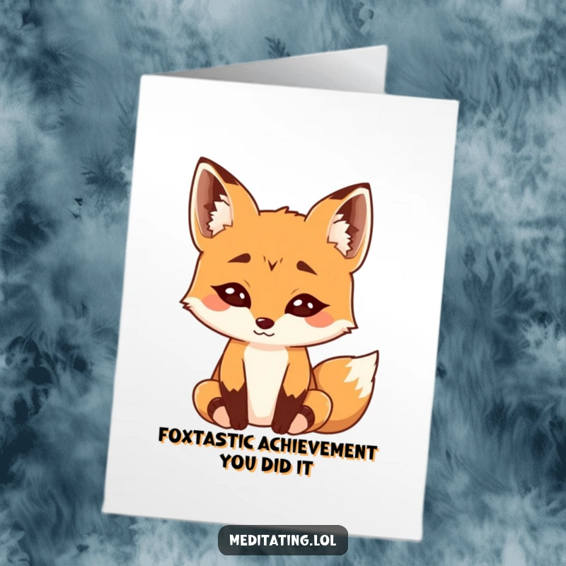 Funny Free Printable Congratulations Card: Curious fox with raised eyebrows, finding inner peace while meditating!