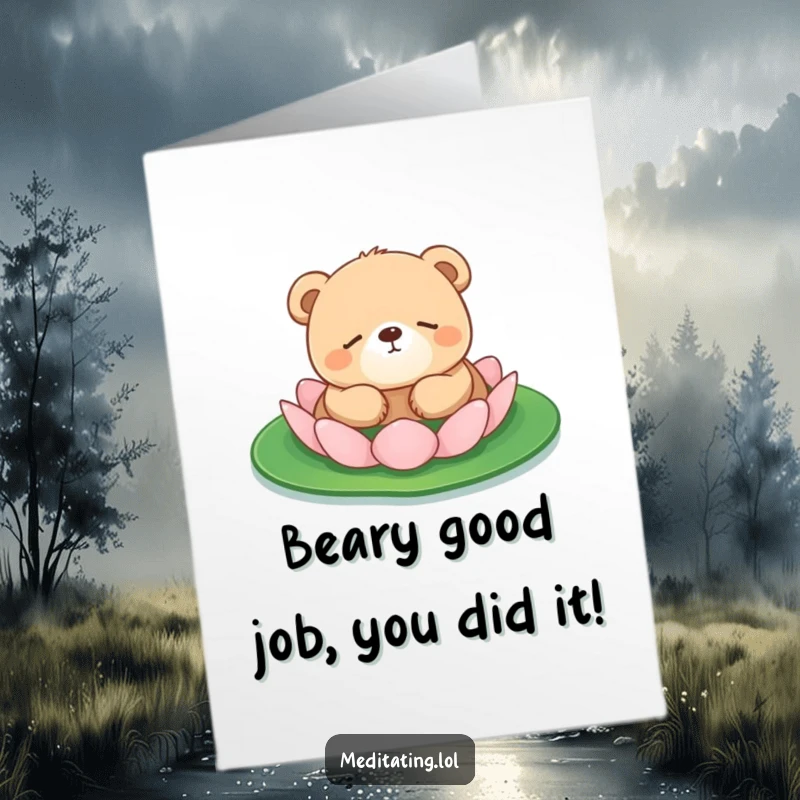 Funny Free Printable Congratulations Card: A content bear cub naps on a lily pad, celebrating a job well done.