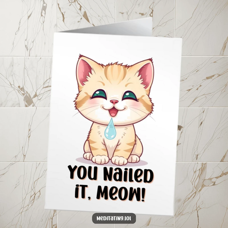 Funny Free Printable Congrats Card: A smiling kitten gently touches its nose to a dewdrop, celebrating your success with sweetness.