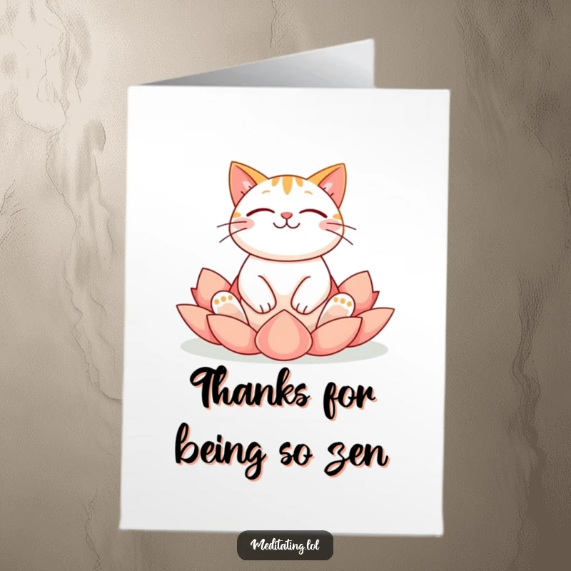 Funny free printable thank you card of a cheerful cat floating serenely in a lotus position, offering peaceful thanks.