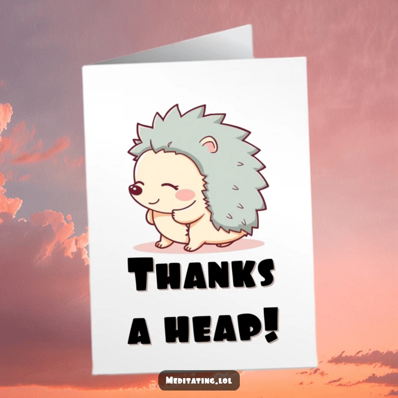 Funny Free Printable Thank You Card: Giggling hedgehog swaying contentedly, conveying warm thanks with a touch of humor. Printable.