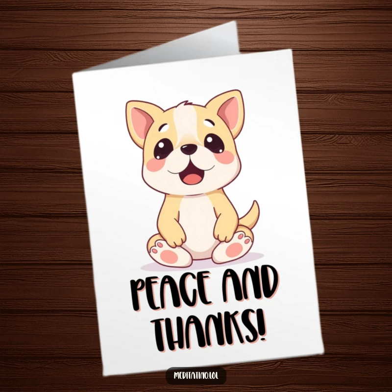 Funny Free Printable Thank You Card: A surprised dog attempting a wobbly meditation pose, conveying thanks with humorous tranquility.