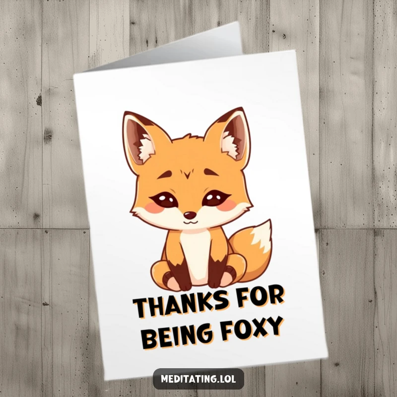 Funny Free Printable Thank You Card: Curious fox meditating deeply, eyebrows raised in tranquil contemplation!