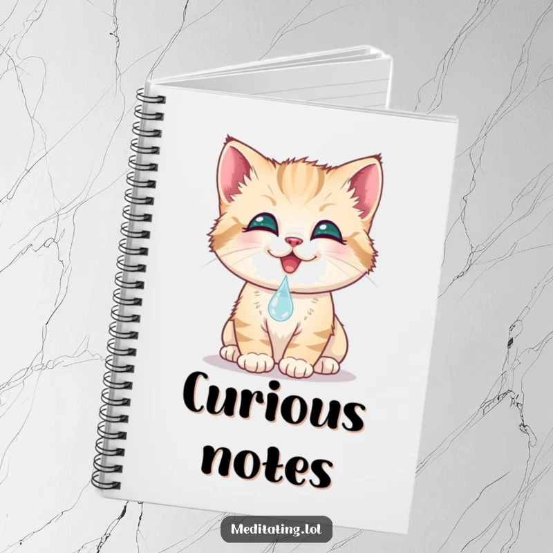 Funny kitten notebook, a smiling cat gently touches its nose to a dewdrop, ideal for writing. A cute stationery companion.