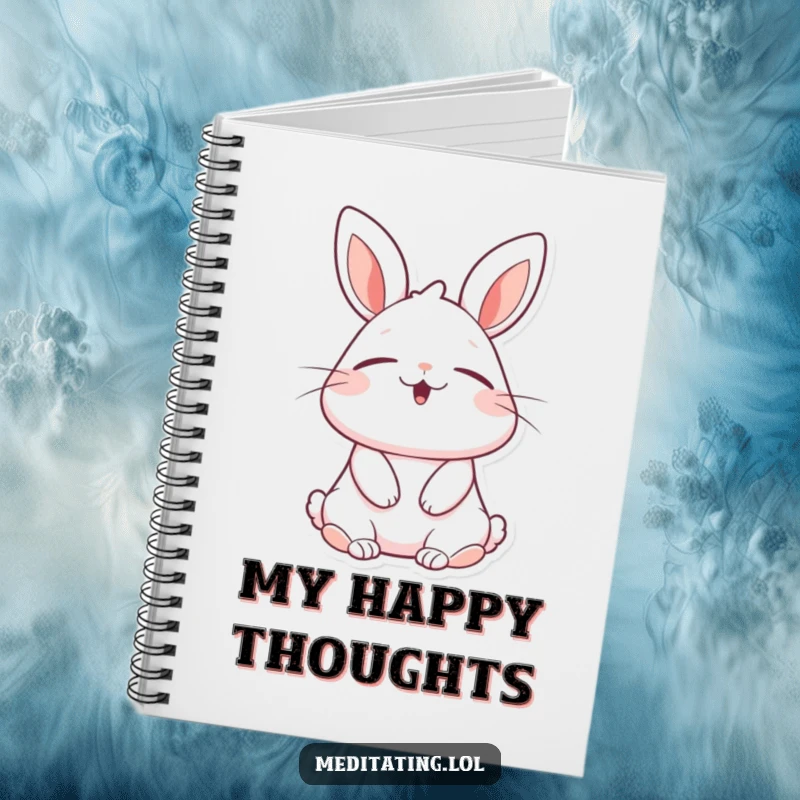 Funny rabbit notebook with lined pages, depicting a cheerful bunny with eyes closed, taking a deep, blissful breath, perfect for journaling.
