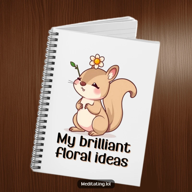 Funny notebook featuring a determined squirrel balancing a small flower on its head, ideal for planning and achieving goals.