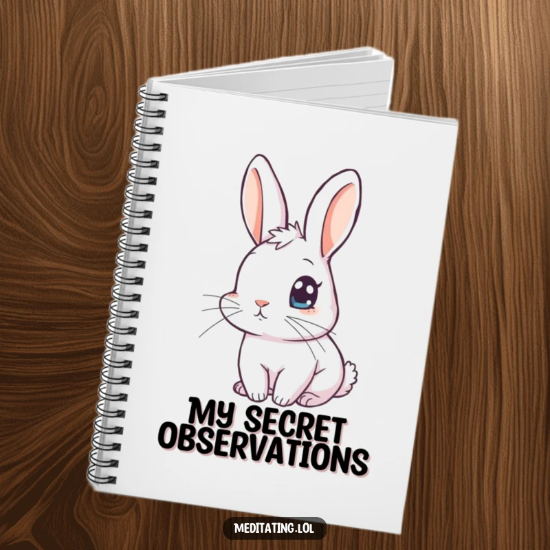 Funny rabbit meditation notebook for note-taking, featuring a curious rabbit with one eye open, promoting peaceful and humorous writing.