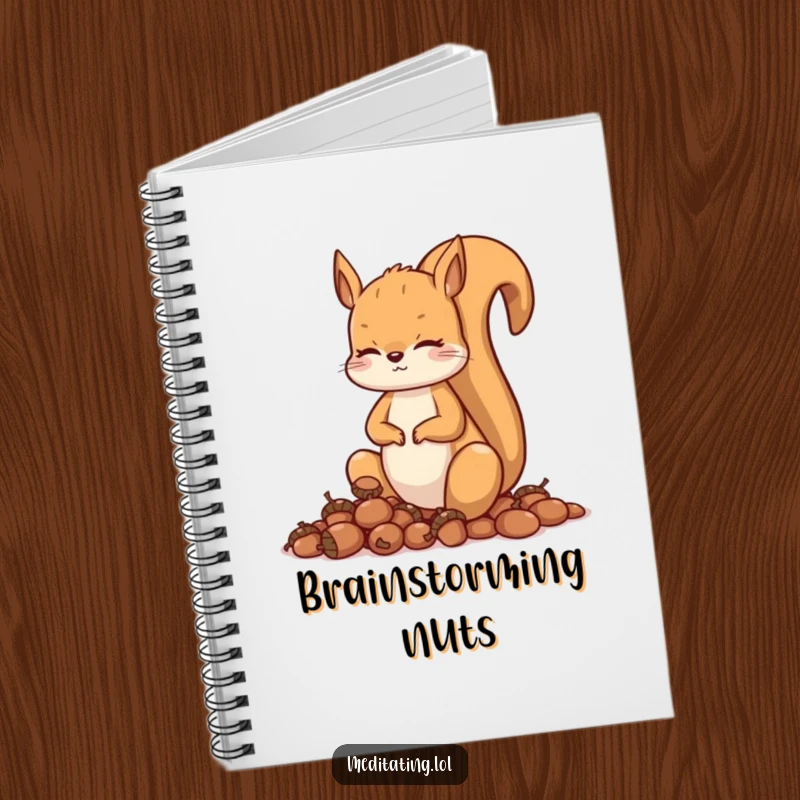 Funny squirrel notebook, a curious squirrel meditating with acorns, for jotting down ideas. A humorous stationery item.