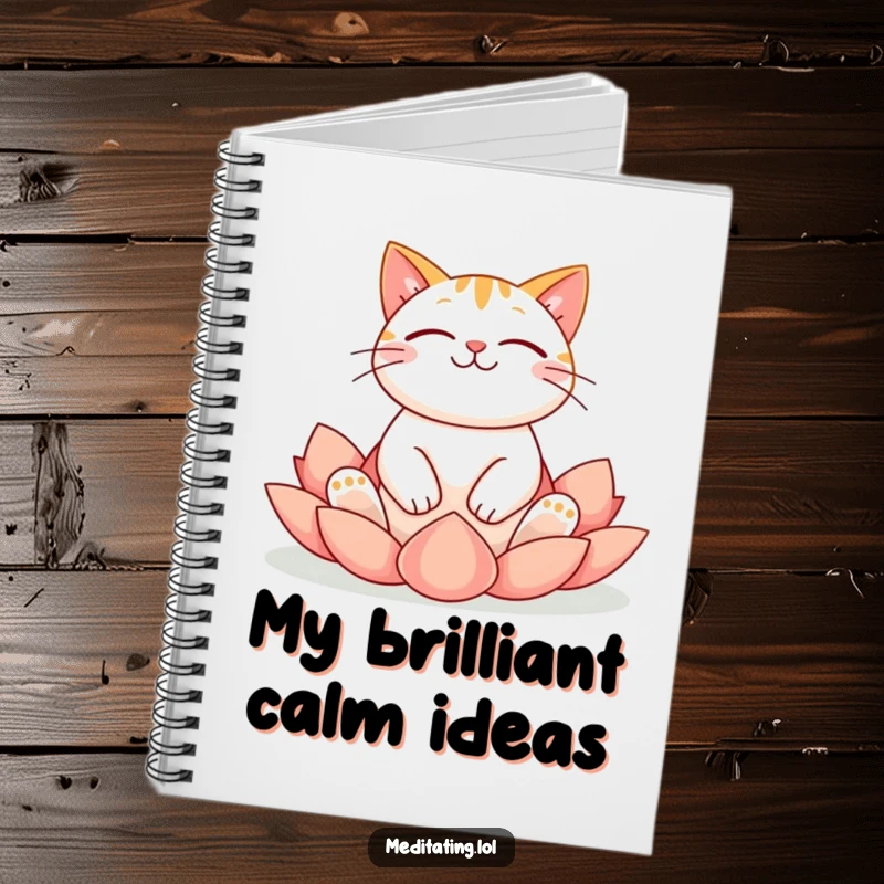 Funny cat notebook with a cheerful cat meditating serenely in a lotus yoga pose, perfect for peaceful journaling.