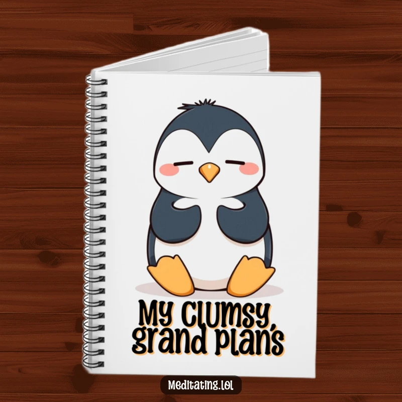 Funny penguin meditation notebook for note-taking, featuring a silly penguin in a wobbly pose, promoting peaceful and humorous writing.