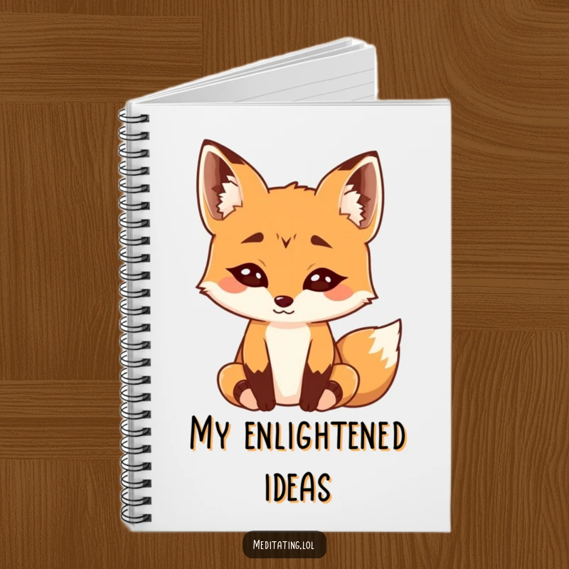 Funny Notebook: Cover features a curious fox with raised eyebrows, meditating deeply with a calm expression.