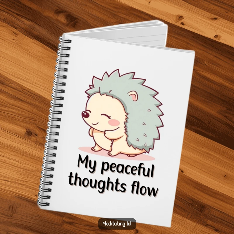 Funny notebook with a giggling hedgehog swaying peacefully, ideal for jotting down funny ideas and happy thoughts.
