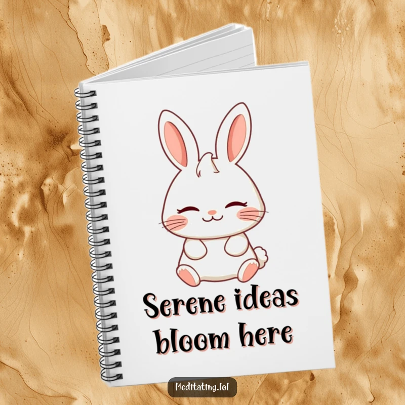 Funny notebook featuring a cheerful rabbit breathing deeply with a serene expression, perfect for peaceful notes and ideas.