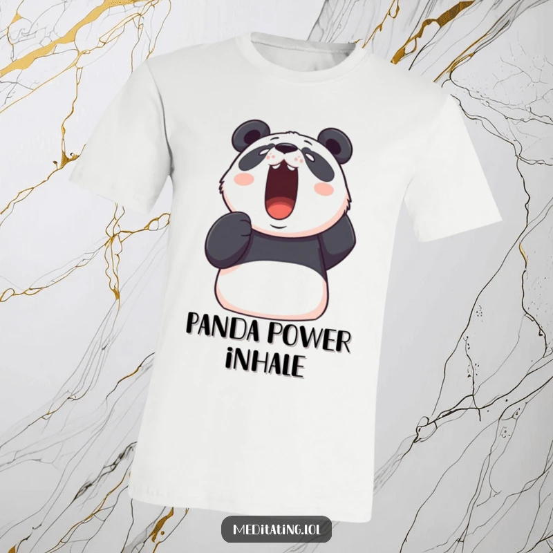 Funny panda t-shirt featuring a determined panda taking a deep, visible breath upwards, humorously conveying stress relief.