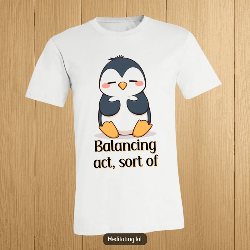 Funny penguin t-shirt depicting a silly penguin in a wobbly meditation posture, offering comfort and lighthearted, humorous vibes.