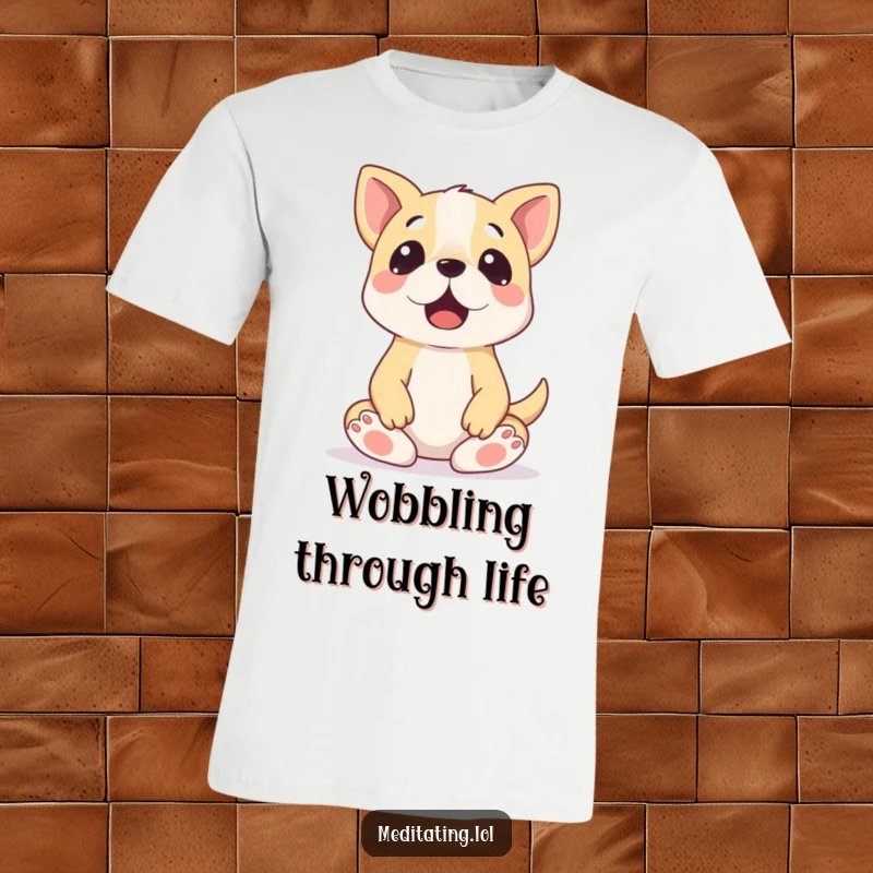Funny Wobbly Dog Meditation T-Shirt: A surprised dog trying to hold a yoga pose, looking a bit unsteady.
