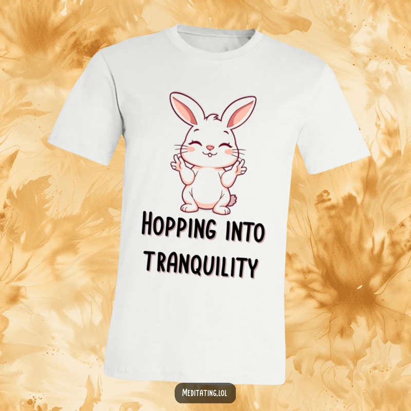 Funny bunny t-shirt featuring a playful bunny holding its paws in a peaceful mudra gesture, embodying gentle calm.
