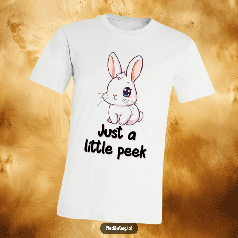 Funny rabbit t-shirt depicting a curious rabbit with one eye slightly open, offering comfort and humorous, watchful vibes.
