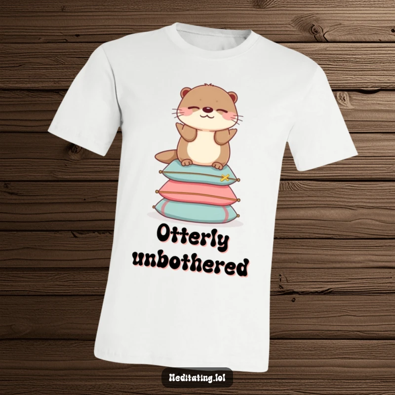 Funny otter t-shirt featuring a cheerful otter perfectly balanced with eyes closed atop a stack of plush cushions.