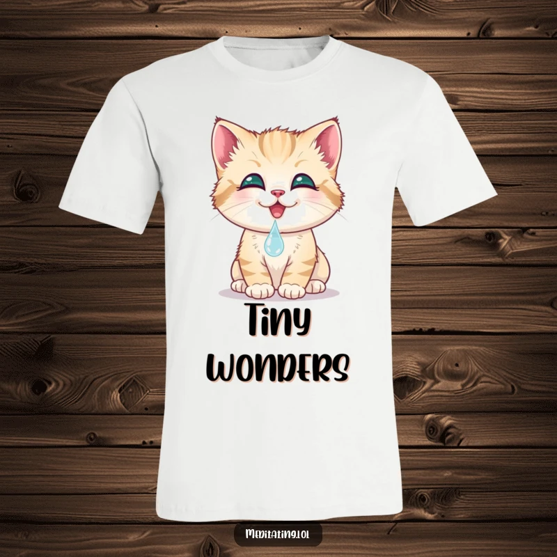 Funny kitten t-shirt, a smiling cat gently touches its nose to a dewdrop, highlighting innocence and charm. A delightful tee.